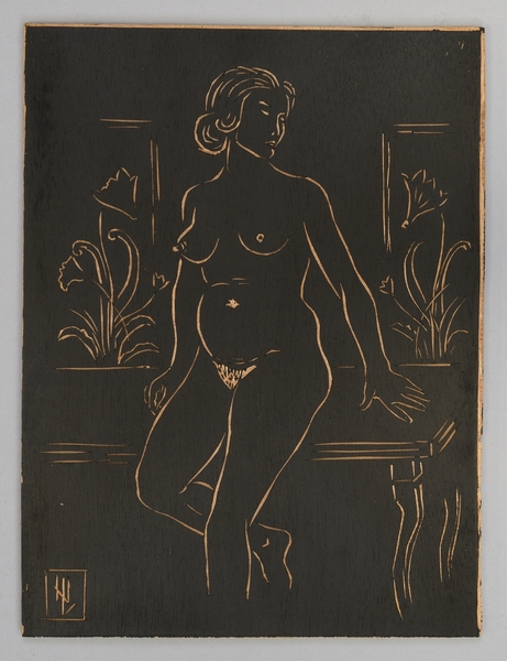 Nu sur fond de tapisserie et assis sur une console (Catalogue raisonné 19, n°6), Jean Urvoy, 1970