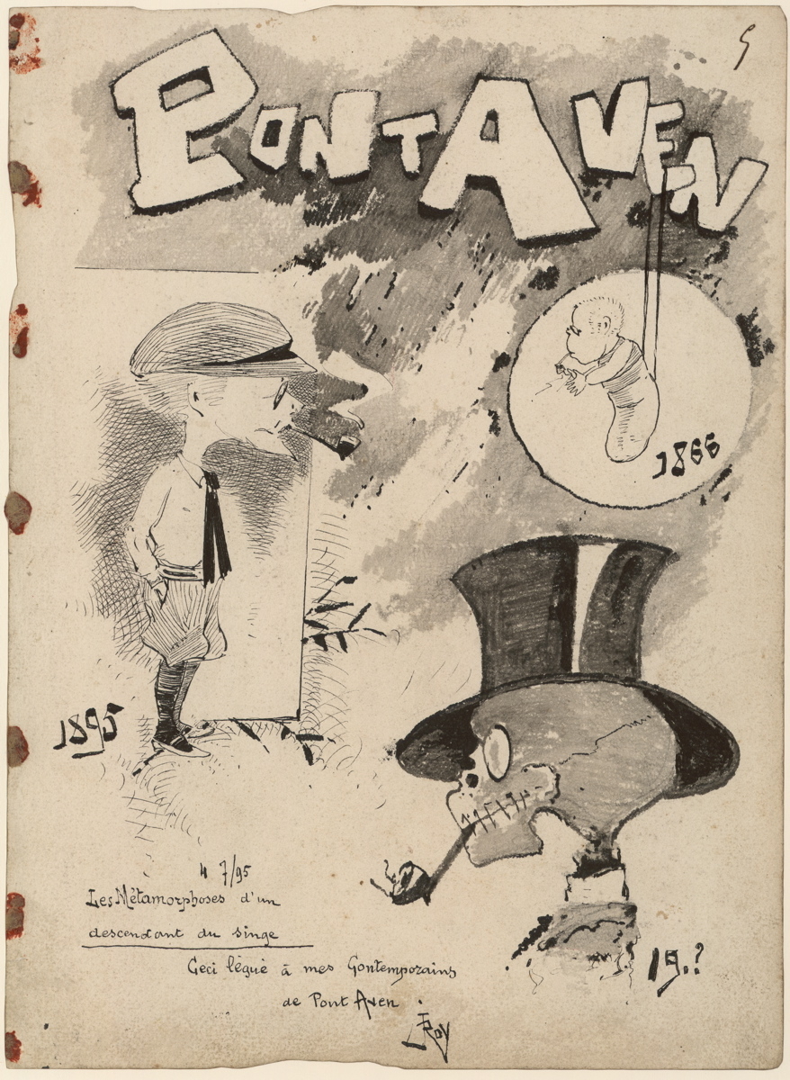 Page manuscrite du livre d'or de la Pension Gloanec et dessin, Louis Roy, 1895