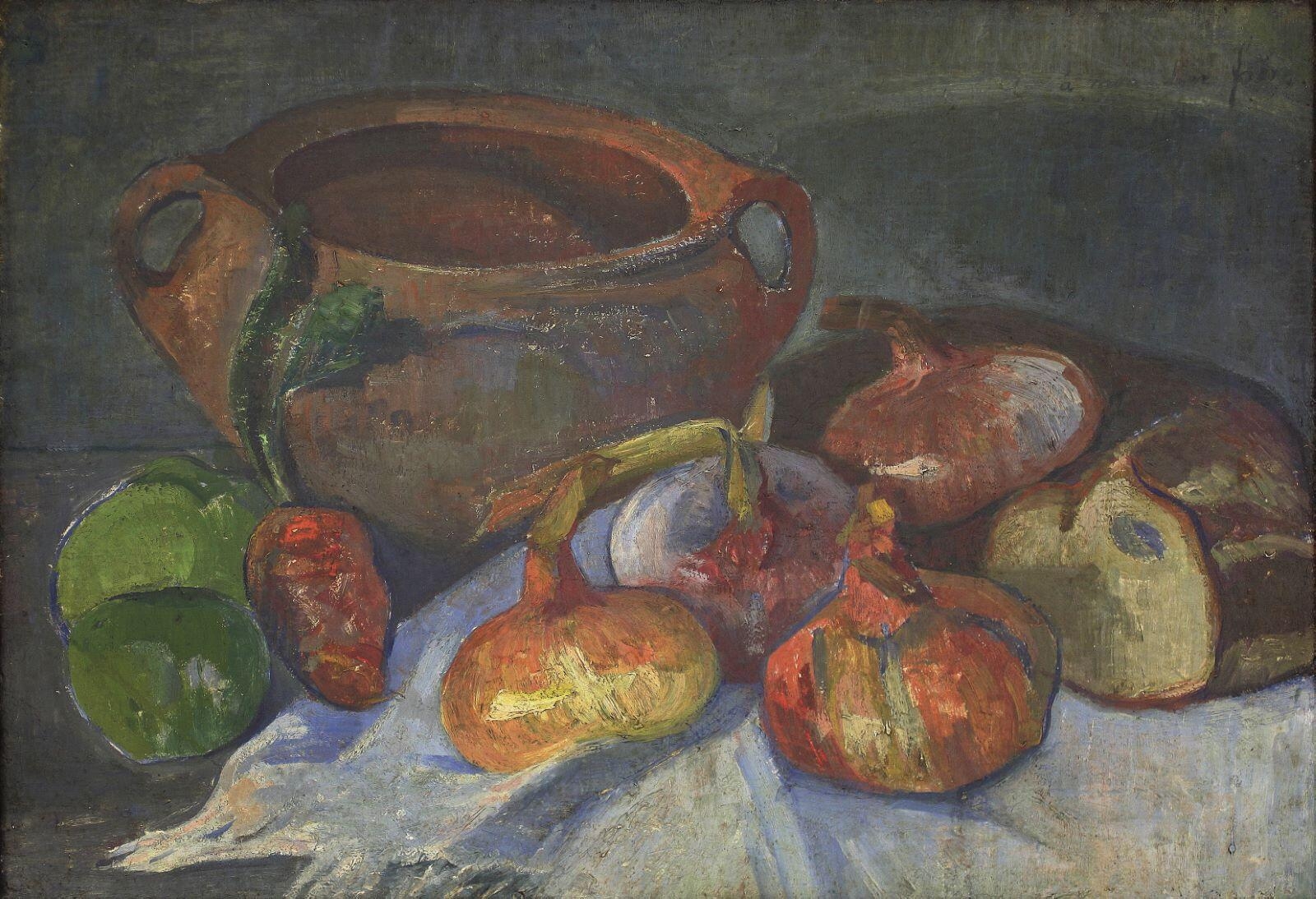 Nature morte : pot, oignons, pain et pommes vertes, Meijer Isaac De Haan, vers 1889-1890