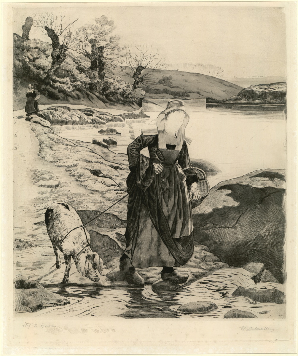 Bretonne au cochon ou Au bord de la rivière, Henri Delavallée, 1893