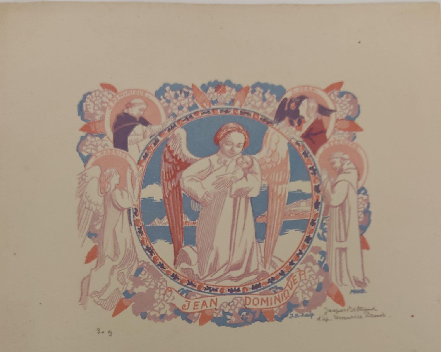 Composition pour le baptême de Jean Dominique Denis : ange à l'enfant de l'ange Gabriel et des saints Dominique, Jean et Bernard_0