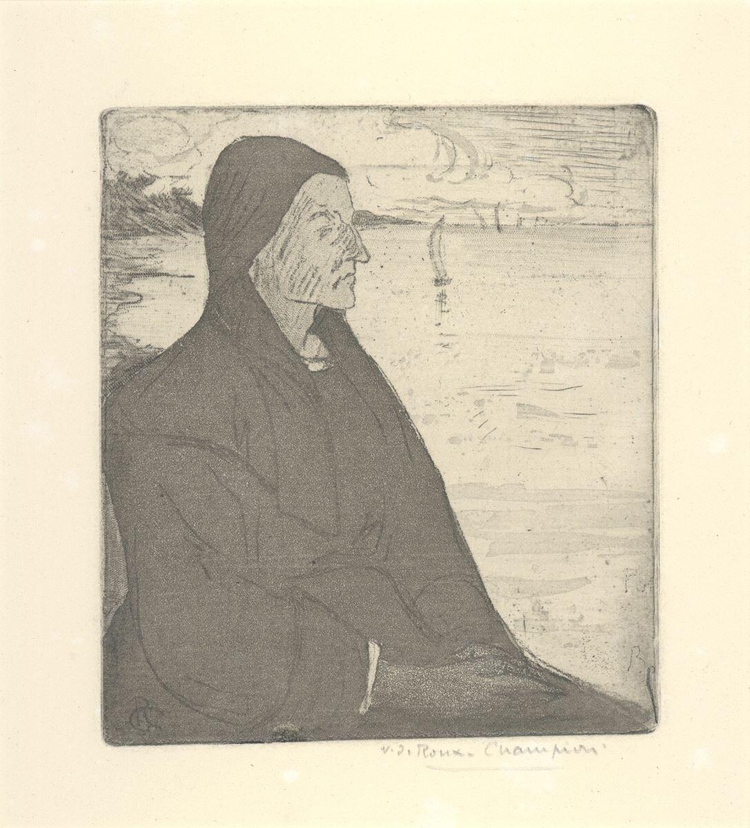 Bretonne assise devant la mer en coiffe de deuil, Victor-Joseph Roux-Champion, 1950 vers