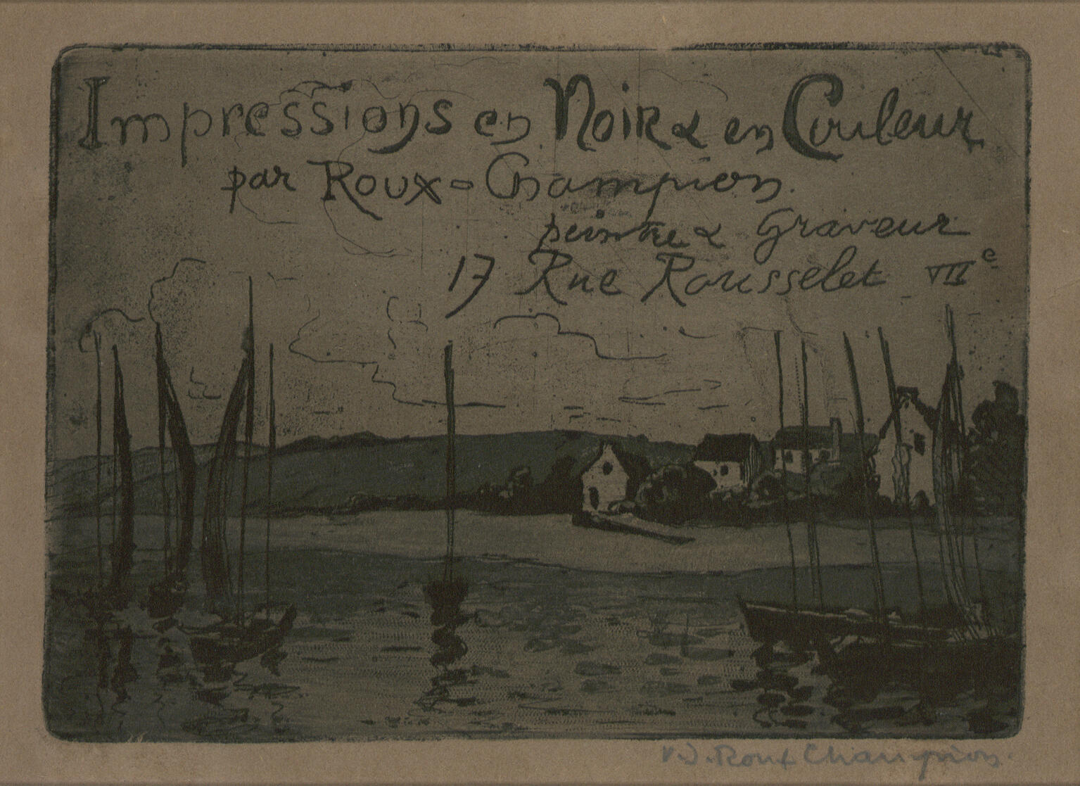 Carte adresse représentant un port breton "Impressions en noir & en couleur par Roux-Champion, peintre graveur, 17 rue Rousselet VIIe, Victor-Joseph Roux-Champion, 1898 vers