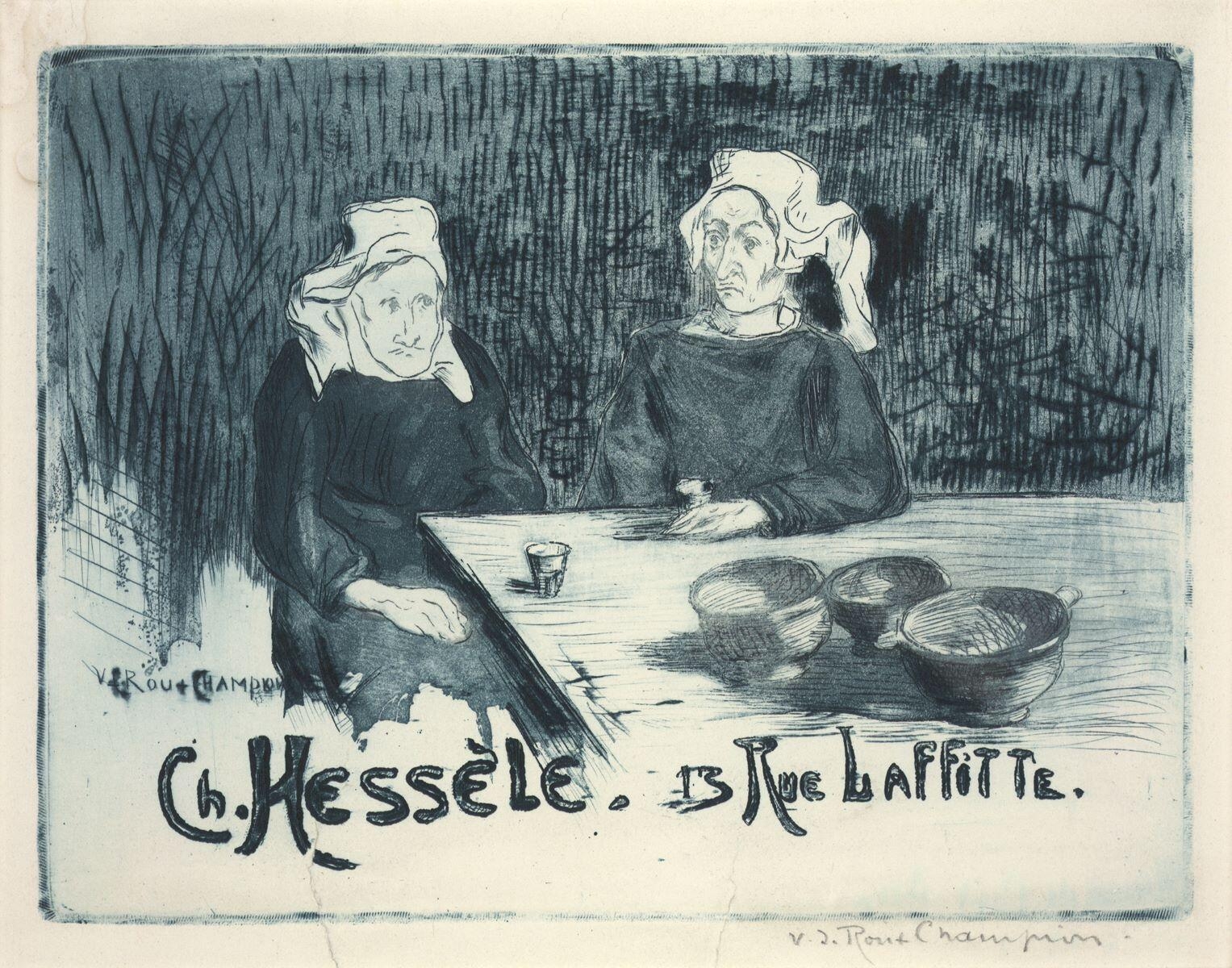 Carte adresse représentant Deux Bretonnes attablées "Chez Hessèle 13, rue Laffittee, Victor-Joseph Roux-Champion, 1898 vers