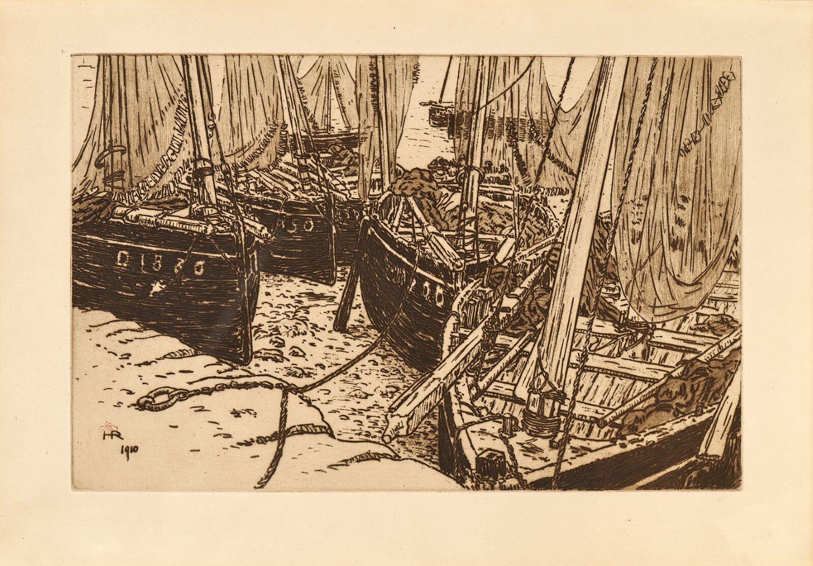 Bateaux à marée basse dans le port de Tréboul. Les bateaux en cale sèche., Henri Rivière