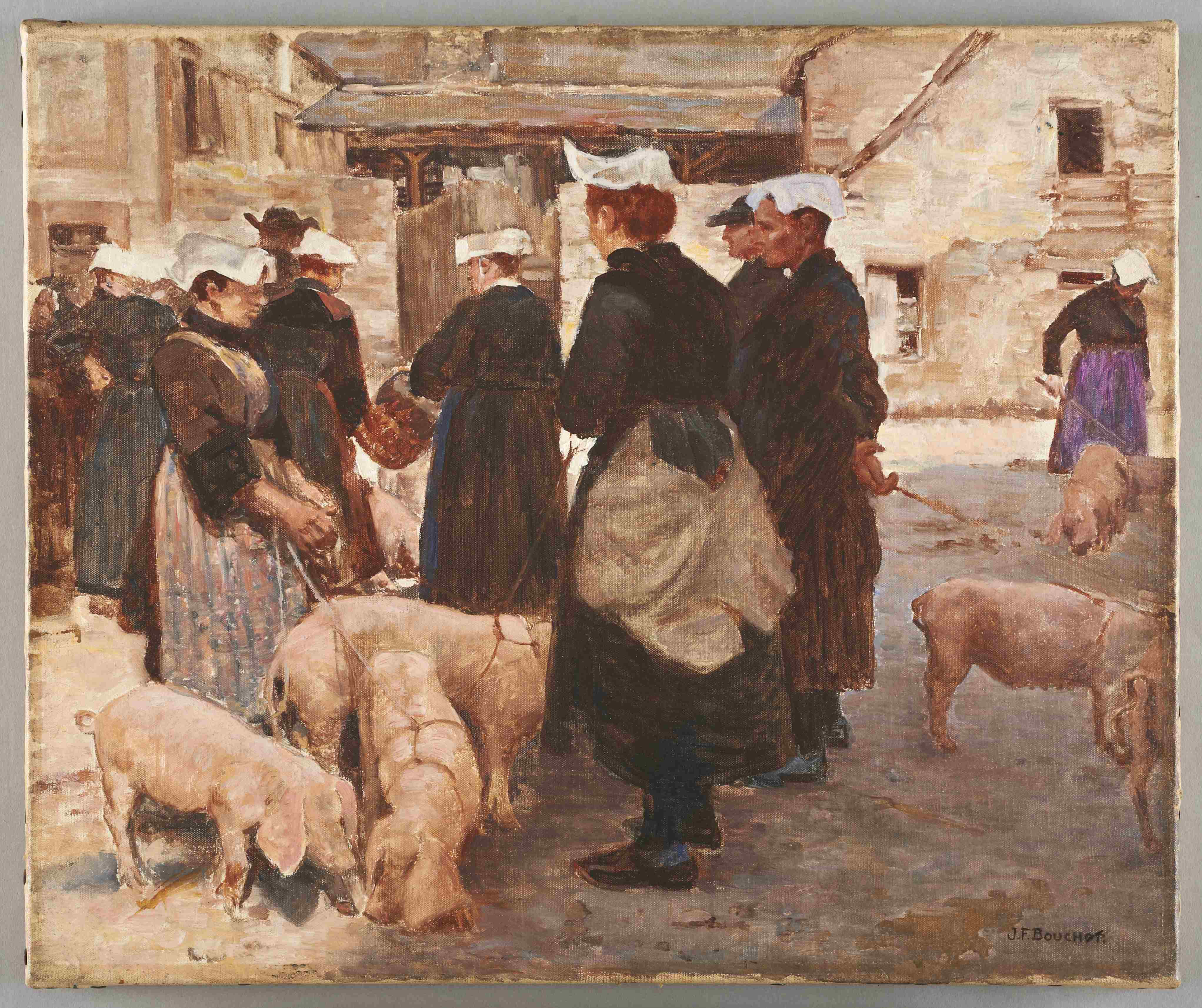 Le marché aux cochons- Auray, Joseph-Félix Bouchor, 4e quart 19e siècle, 1ère moitié 20e siècle
