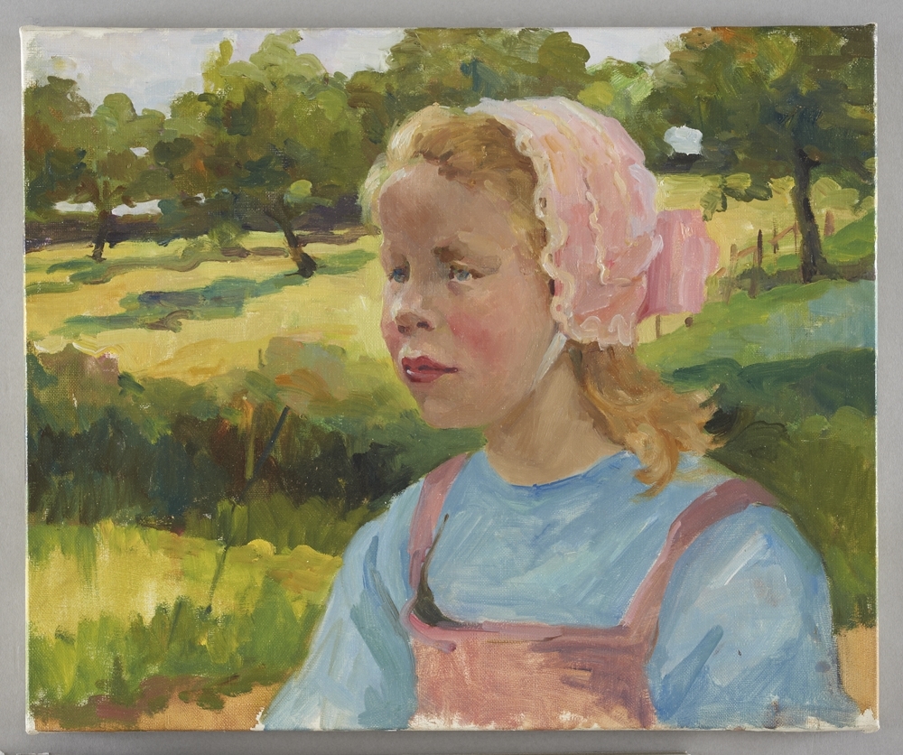 Portrait de fillette au tablier et bonnet rose ; Fillette au bonnet rose (titre d'exposition), Jeanne-Marie Barbey, 20e siècle