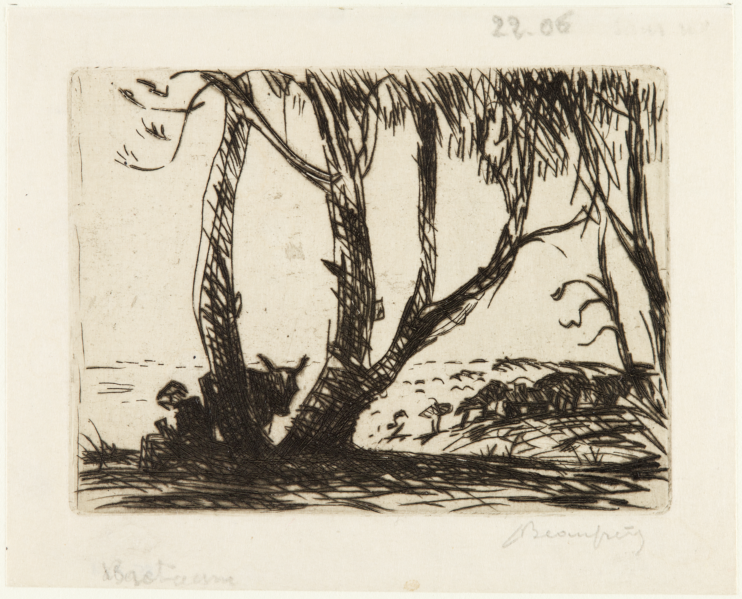 Gardienne de vaches au pied d'un bouquet d'arbres, Adolphe Beaufrère, 1922
