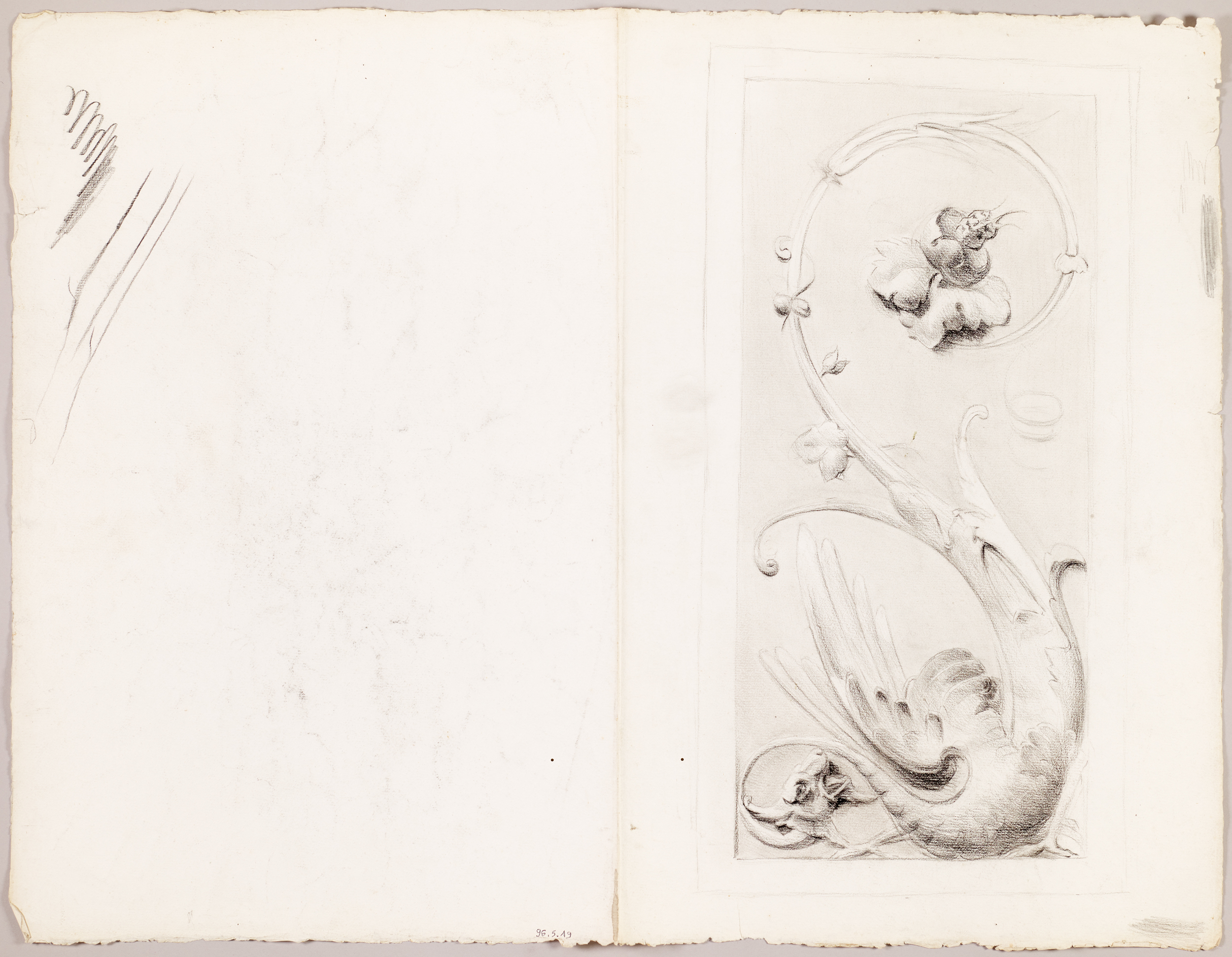 Étude de motif décoratif sur fond de planche (1er feuillet recto) - Étude de buste de profil (2nd feuillet recto) (titre factice), Jean Frélaut, 19e siècle