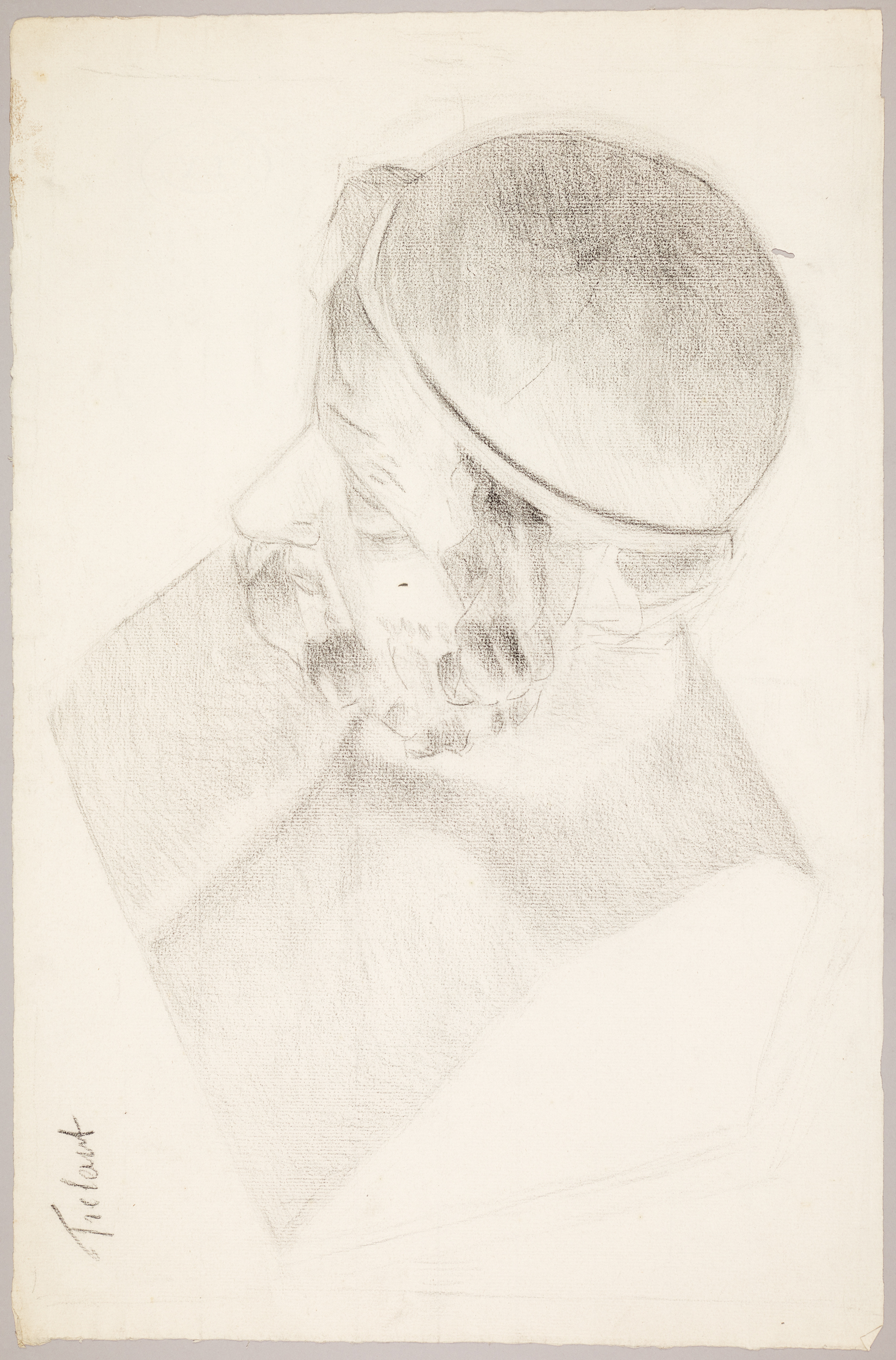 Étude de buste de profil. Vue plongeante (recto). Étude de main gauche (verso) (titre factice), Jean Frélaut, 19e siècle
