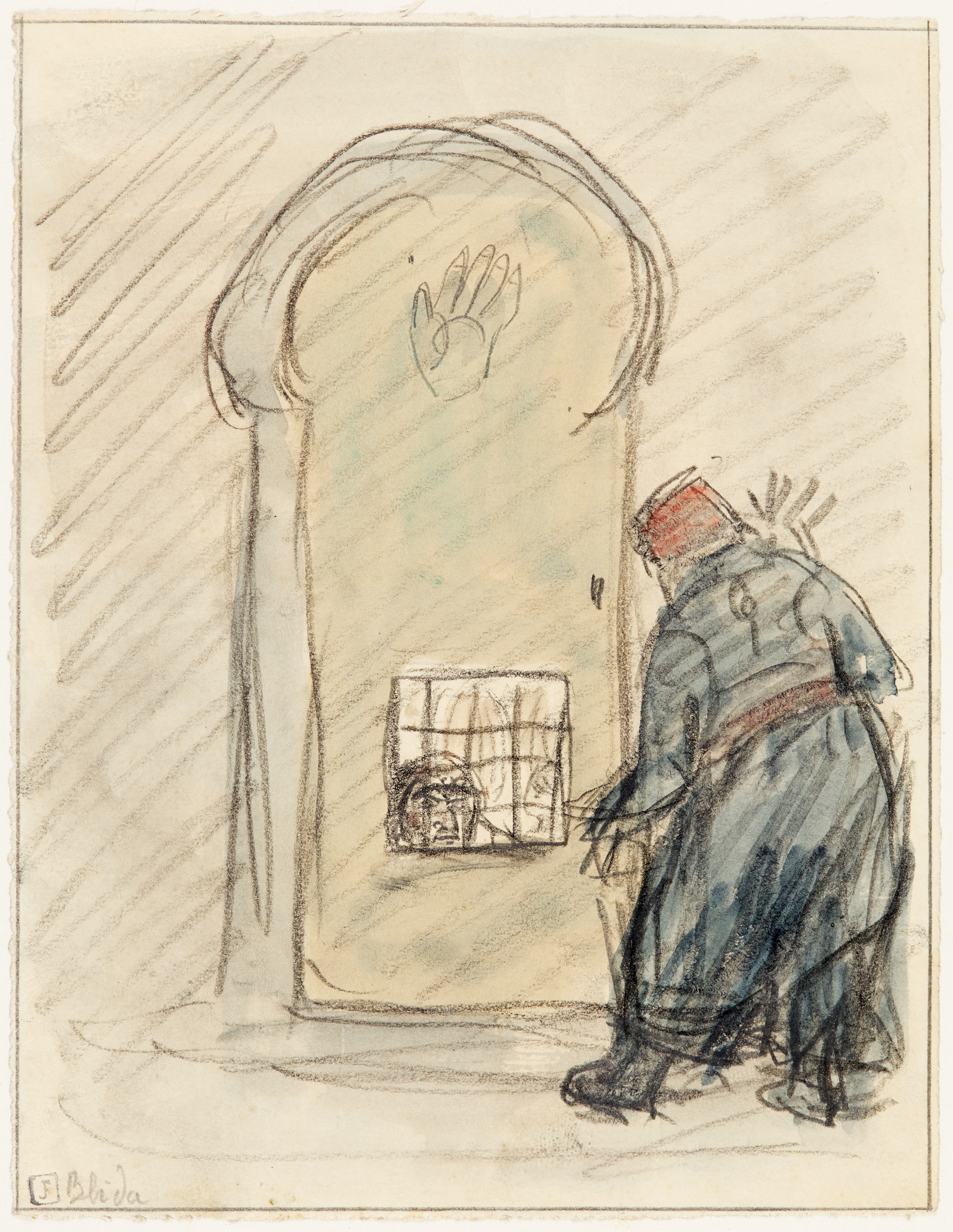 Blida ; Dessin d'Algérie - homme de dos - porte voutée (titre factice), Jean Frélaut, 1ère moitié 20e siècle
