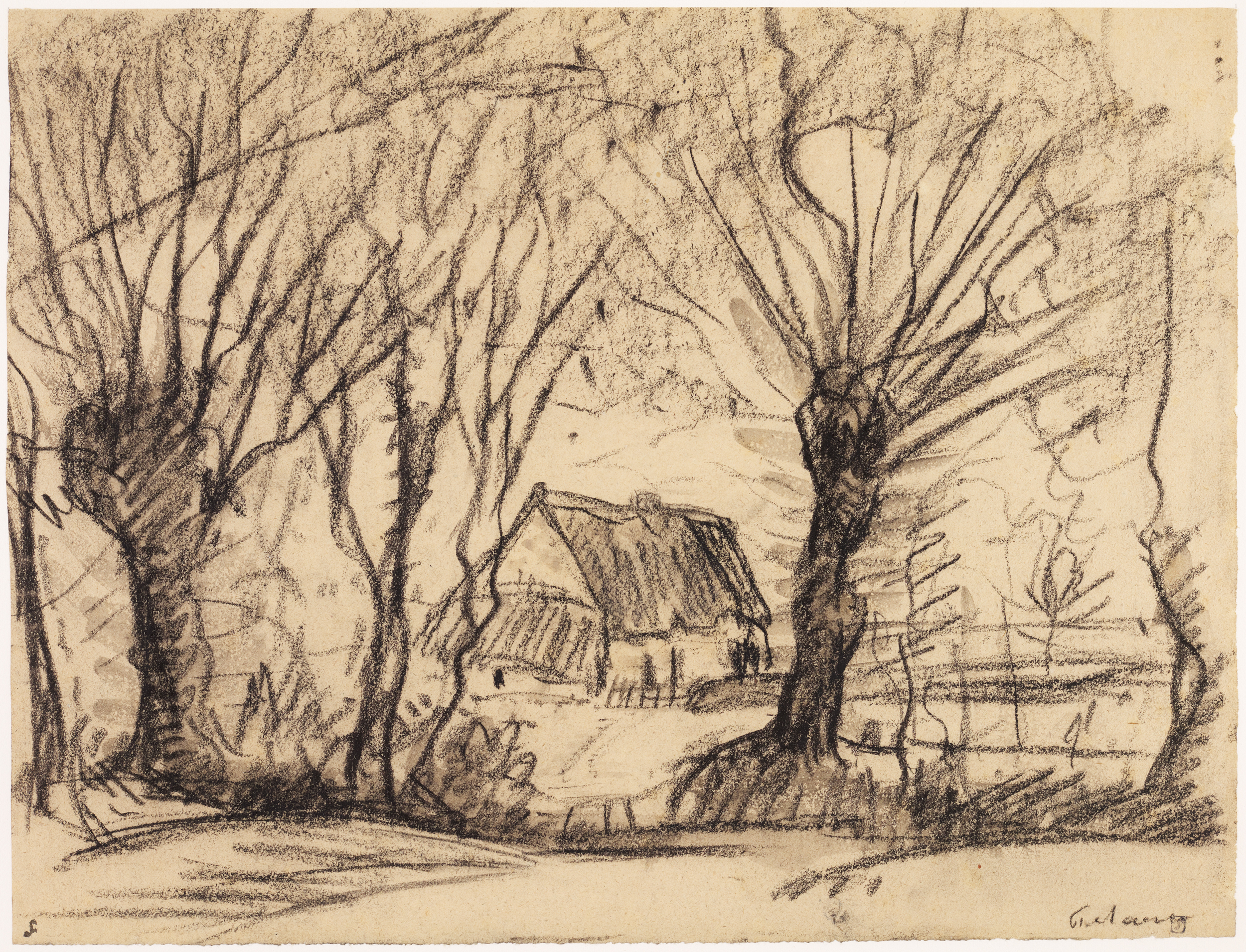 Ferme derrière un rideau d'arbres (titre factice), Jean Frélaut, 1ère moitié 20e siècle
