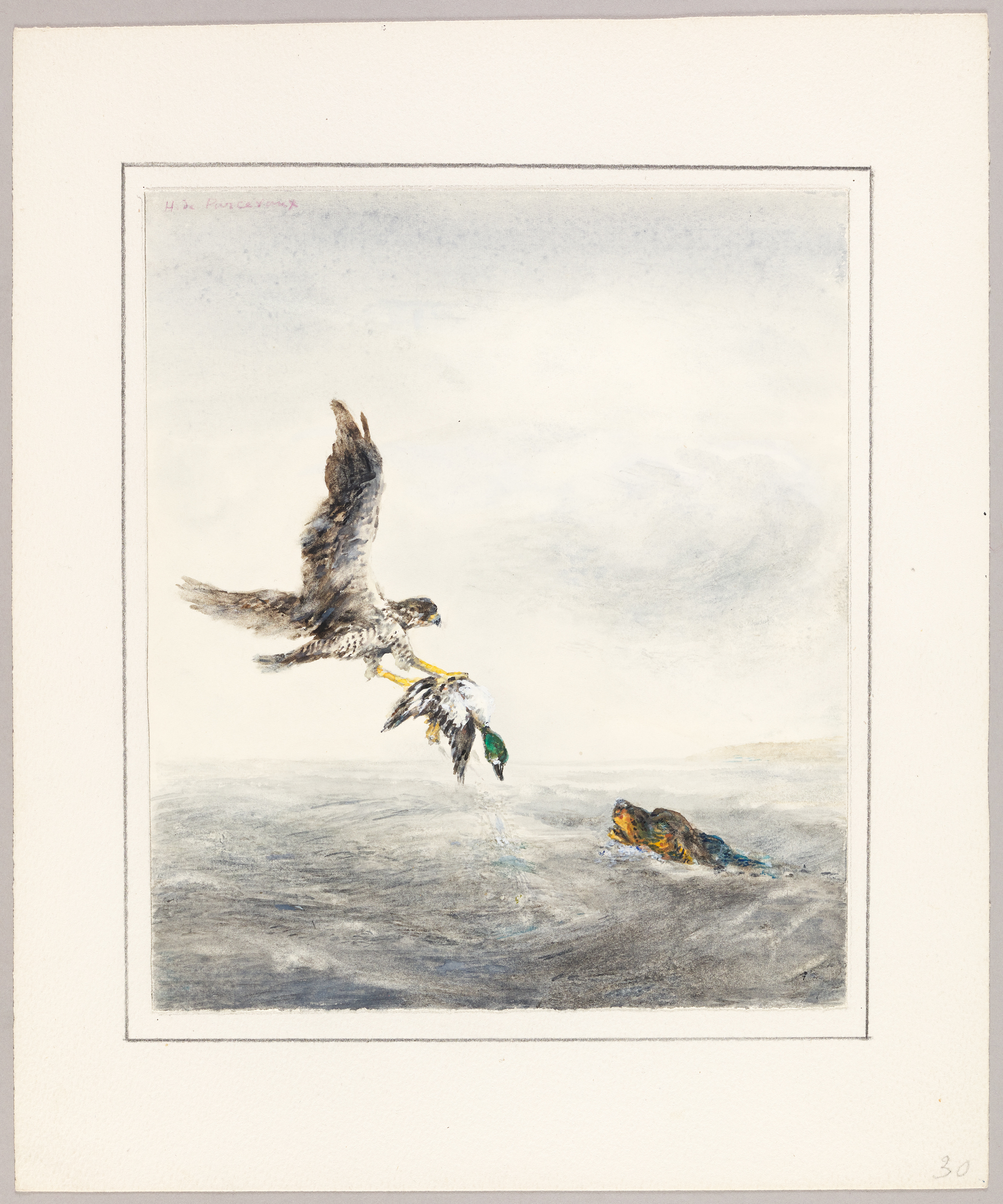 Rapace saisissant un canard sur l'eau en présence d'un chien, Henri de Parceveaux, 20e siècle