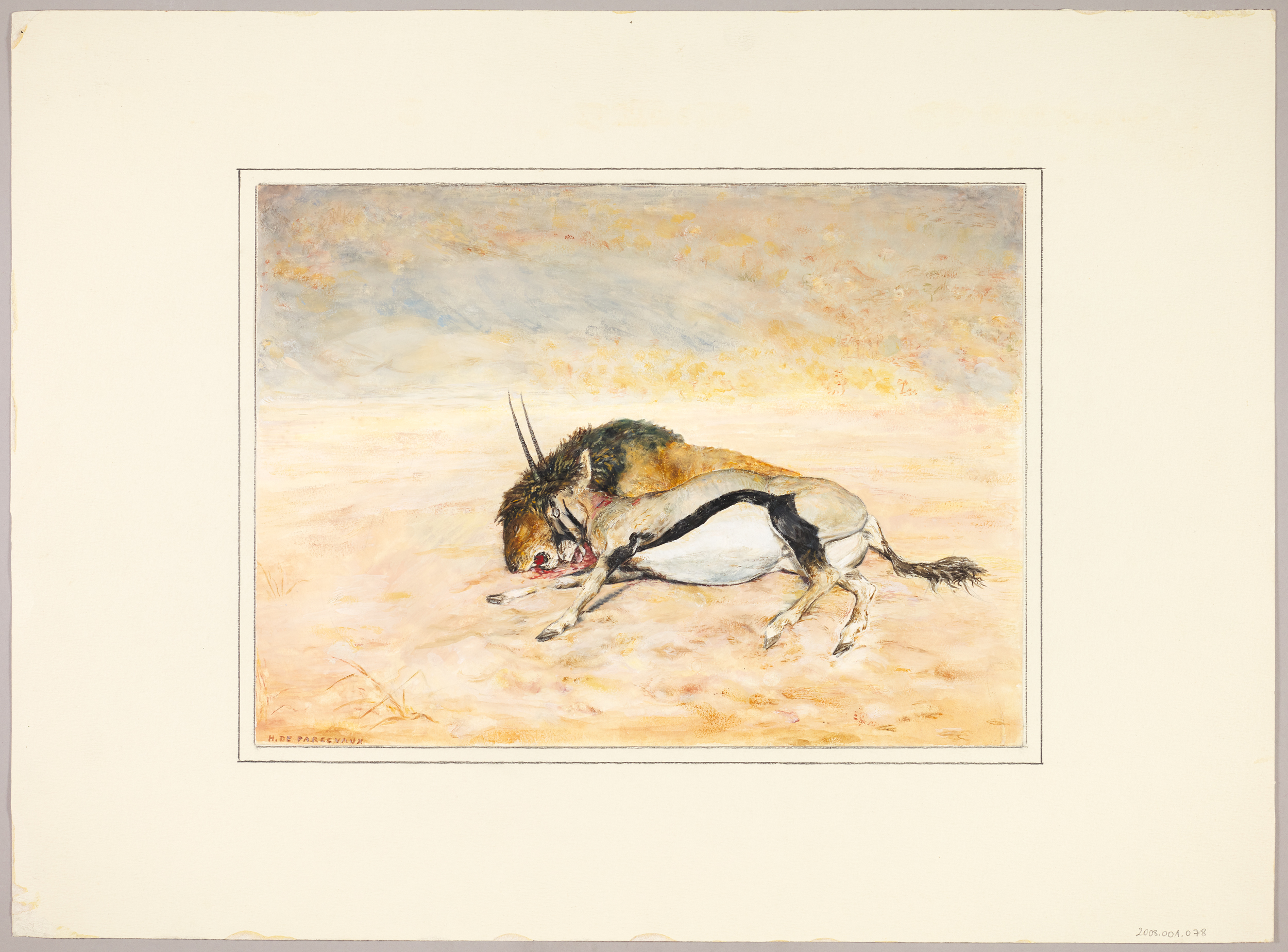 Lion et antilope ensanglantés, Henri de Parceveaux, 20e siècle