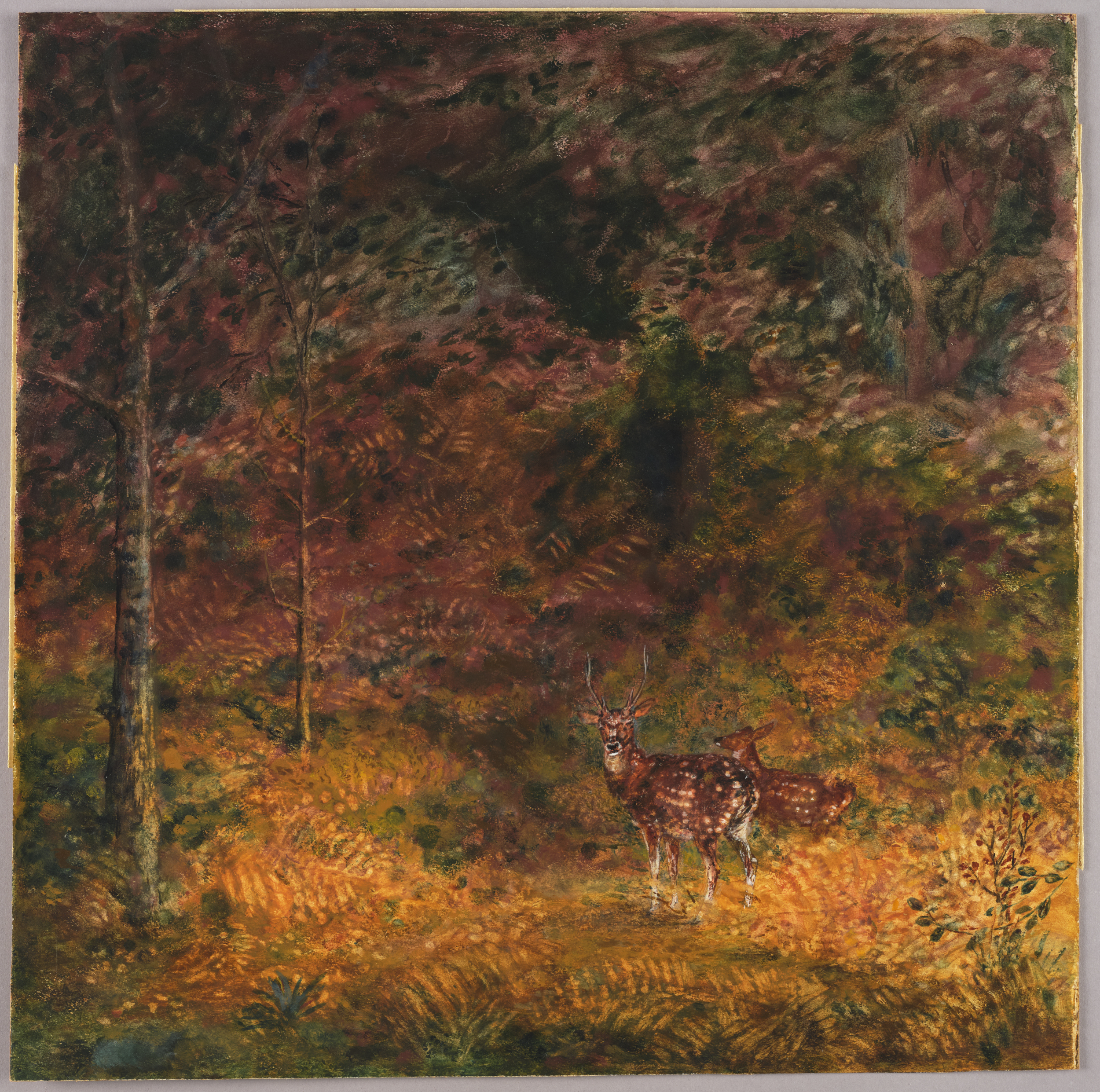 Cerf et biche au sous-bois, Henri de Parceveaux, 20e siècle