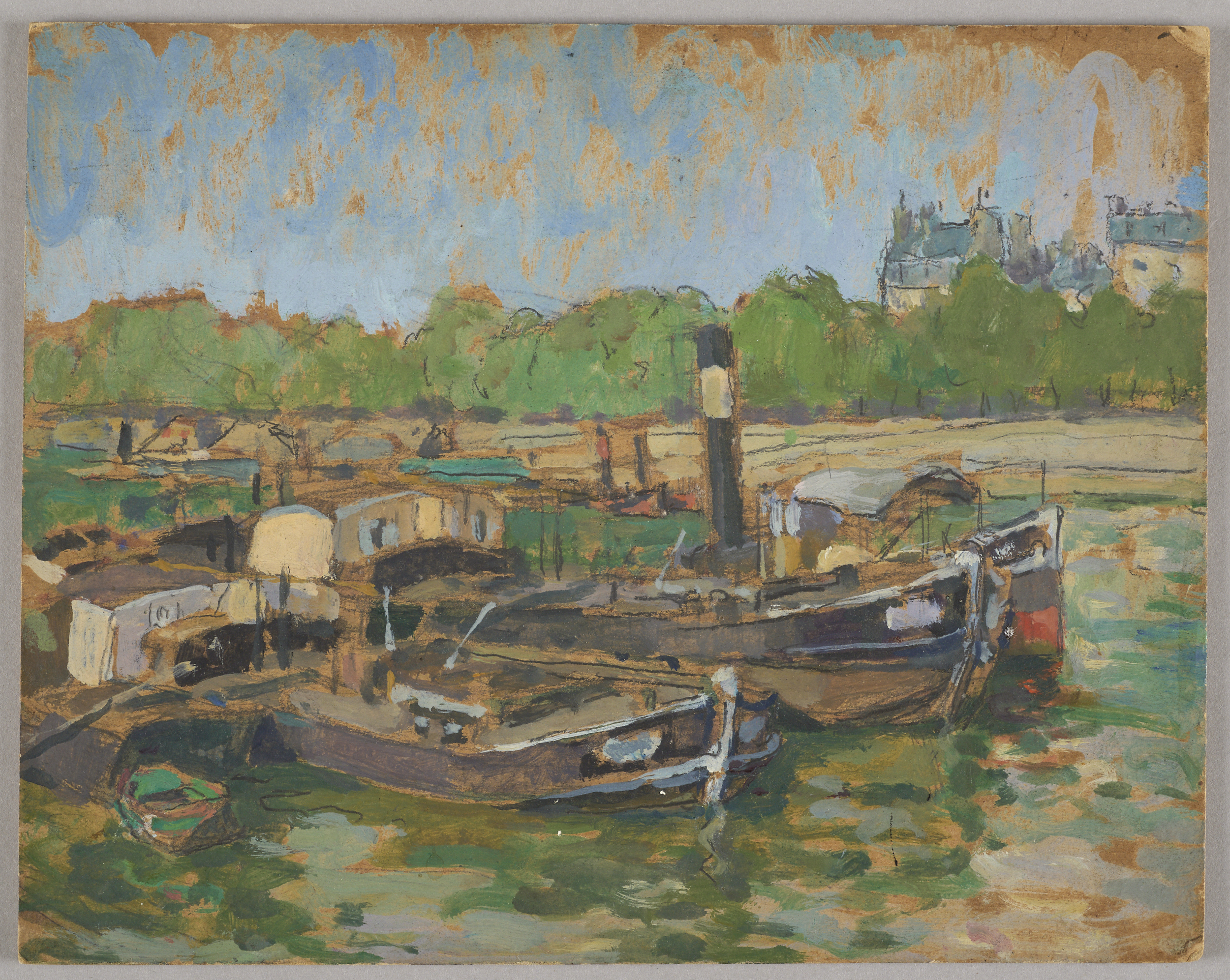 Péniches sur la Seine (recto) ; Paysage (verso), Jeanne-Marie Barbey