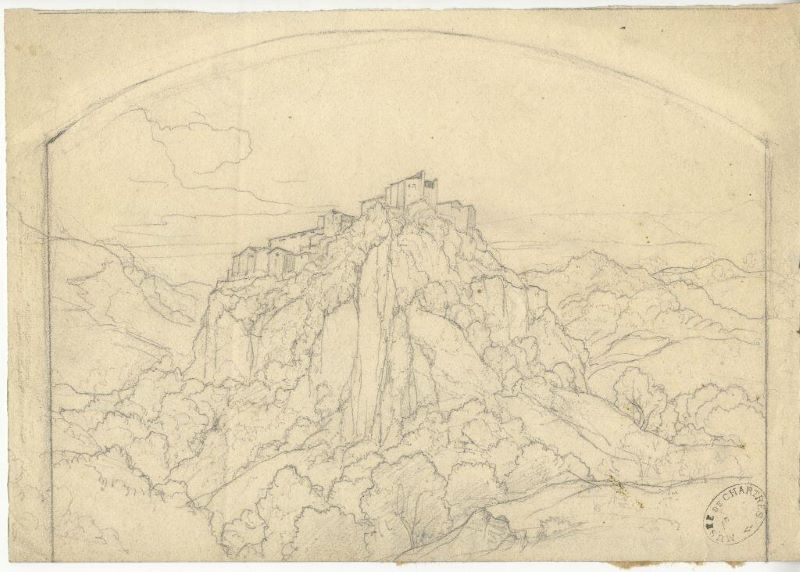 Paysage d'Italie (construction sur un rocher), Édouard Bertin