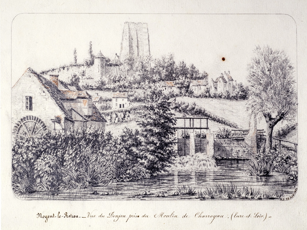 Nogent-le-Rotrou - vue du Donjon prise du Moulin de Charroyau (Eure-et-Loir), Louis Auguste Jubault, 1861