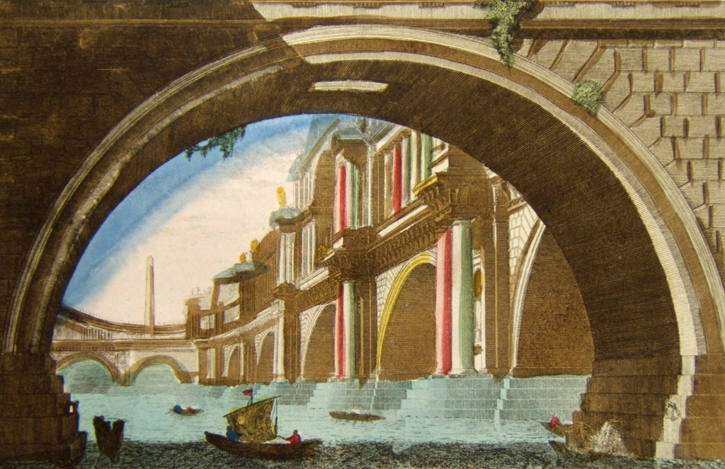 85e pont Triomphal erigé par un empereur romain Dont on voit sur le milieu la Statuë Equestre. Son point de vuë est par dessous l’Arche d’un autre Pont pareil a celui qui est dans le lointain ; vue d'optique, Francesco Piranesi, 18e siècle