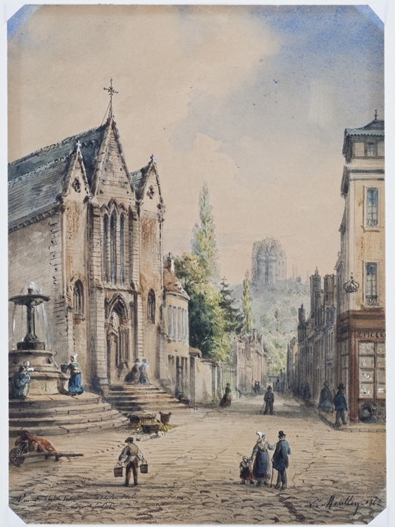 Vue de l’église Notre-Dame et de la rue Dorée à Nogent-le-Rotrou, Louis Moullin, 1862