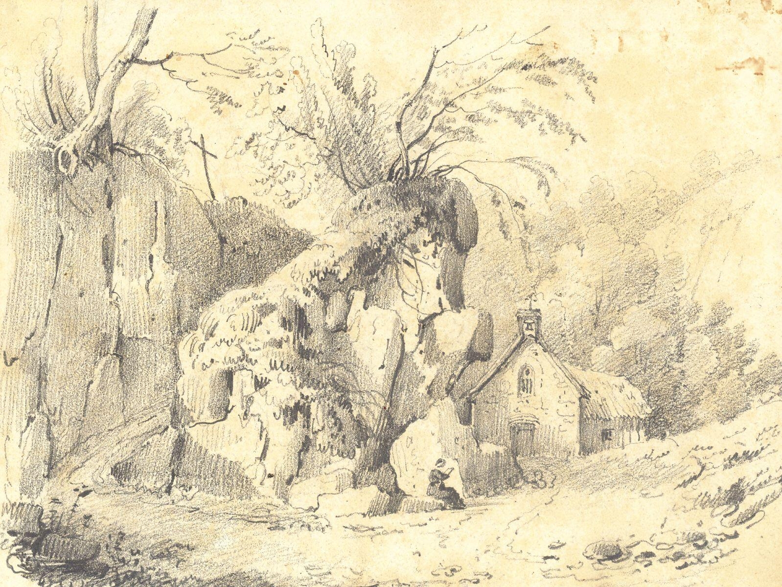 Chemin escarpé avec chapelle, calvaire et jeune femme lisant (titre factice)_0