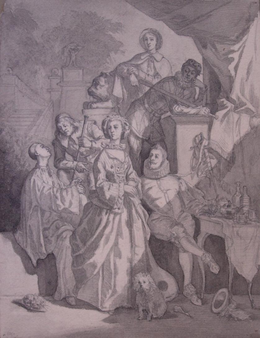 Scène élégante dans un parc avec Pierrot (titre factice), Maurice Sand, 1851