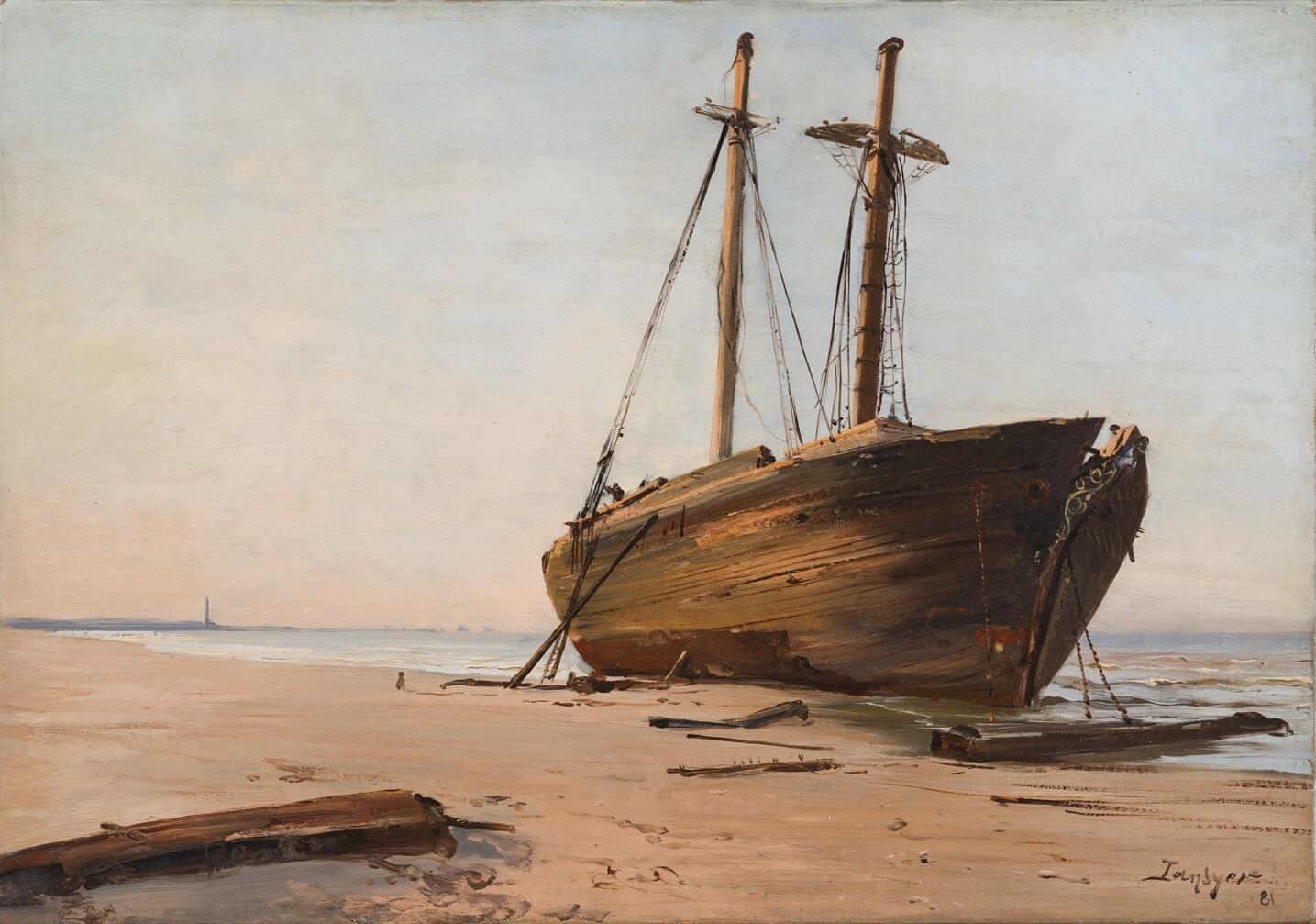 Grand navire échoué, sur la plage de Rosendail près Dunkerque, et en démolition., Emmanuel Lansyer, 1881