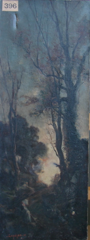 Coucher de soleil sur un sentier, un arbre en premier plan droite. (titre factice), Emmanuel Lansyer, 1861