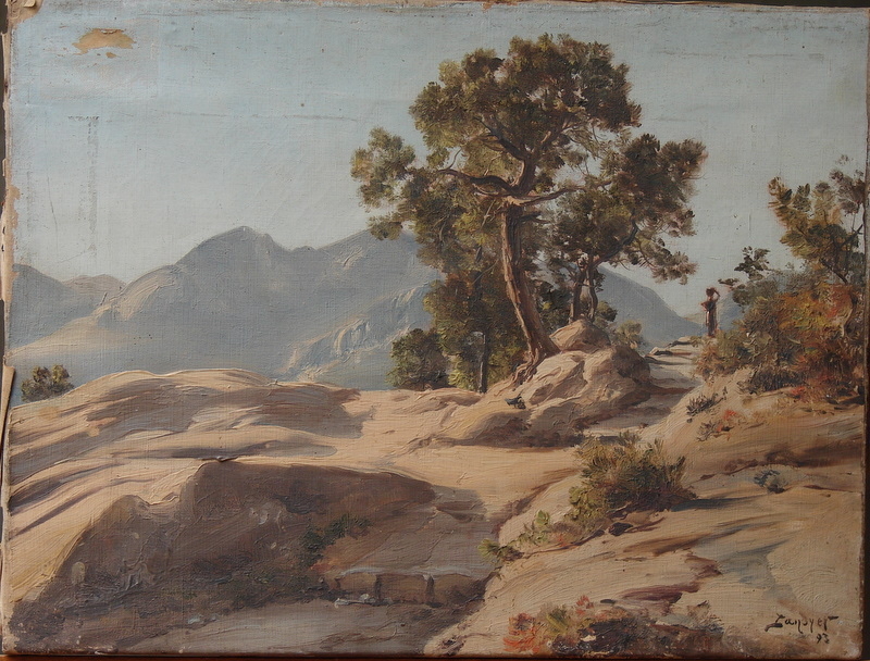 Vieux chemin de Castelar dans le roc, un pin, fond de montagne figure en haut du chemin., Emmanuel Lansyer, 1893