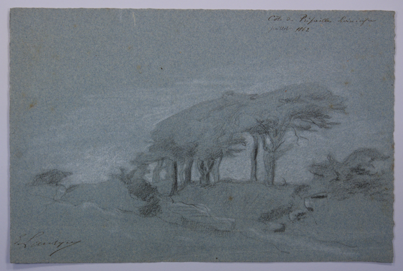 Arbres couchés par le vent (côte de Préfailles) . (Titre inscrit), Emmanuel Lansyer, 1862