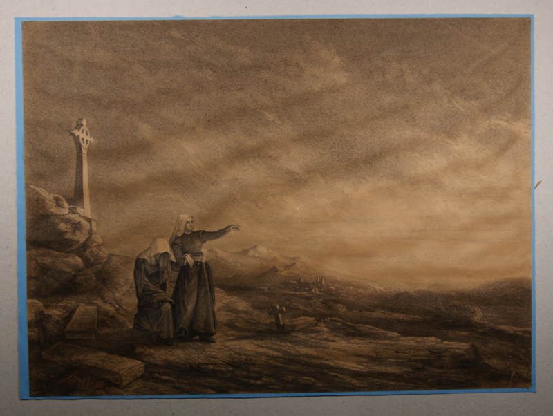 Deux femmes au pied d’un calvaire breton. (Titre factice), Emmanuel Lansyer, 1850