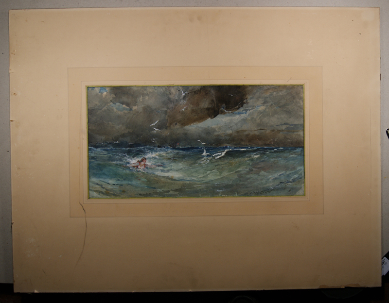 Femme qui se baigne, mouettes et bateau au loin. (titre factice), Edmond Morin, 19e siècle