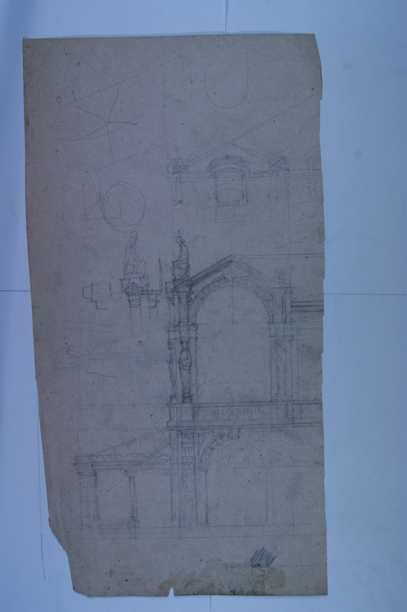 Dessin d'architecture avec fronton et cariatide. (titre factice)_0