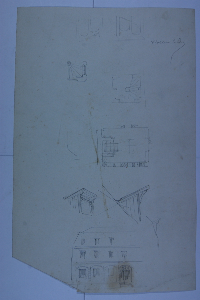 Neuf dessins : escaliers, lucarnes, façade de maison en élévation. (titre factice)_0