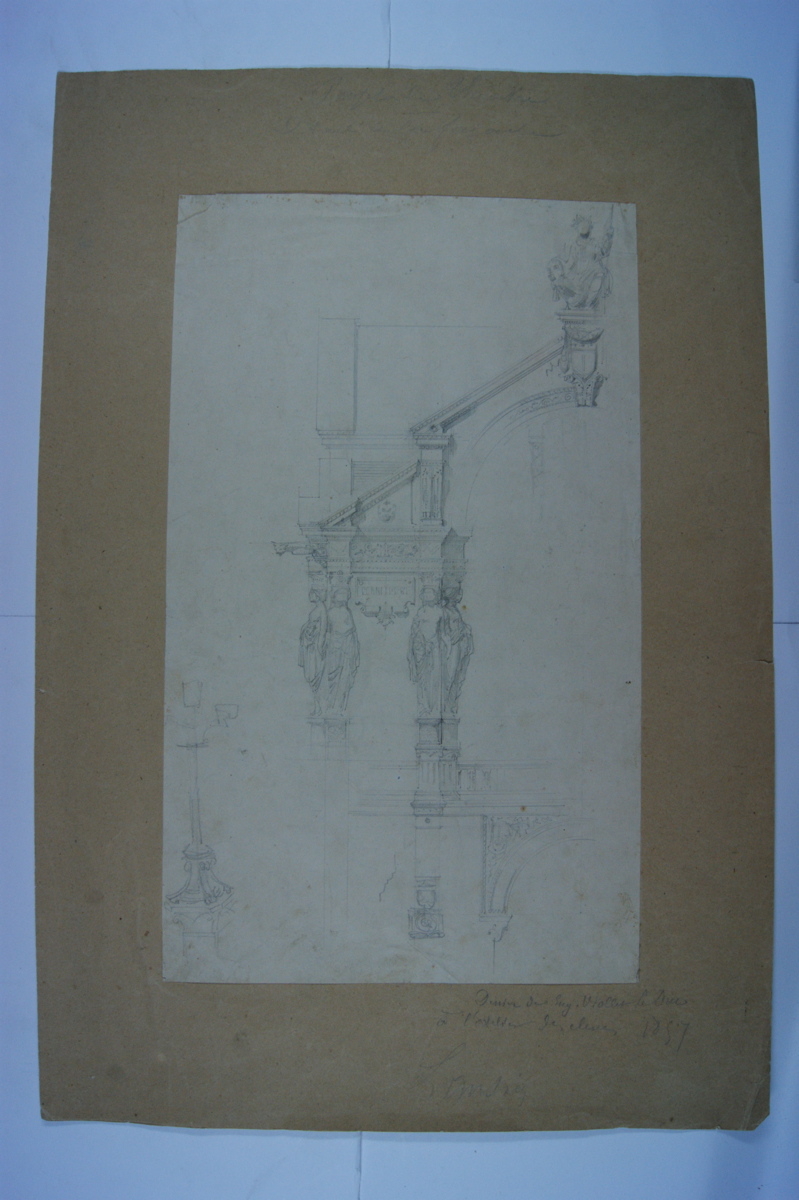 Projet de théatre, quatre cariatides et fronton. (titre factice), Eugène-Emmanuel Viollet-Le-Duc, 1857