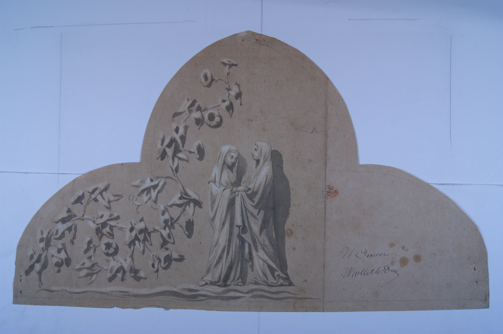 Forme trilobée : deux femmes debout face à face, feuillages et fleurs à gauche. (titre factice), Eugène-Emmanuel Viollet-Le-Duc, 19e siècle