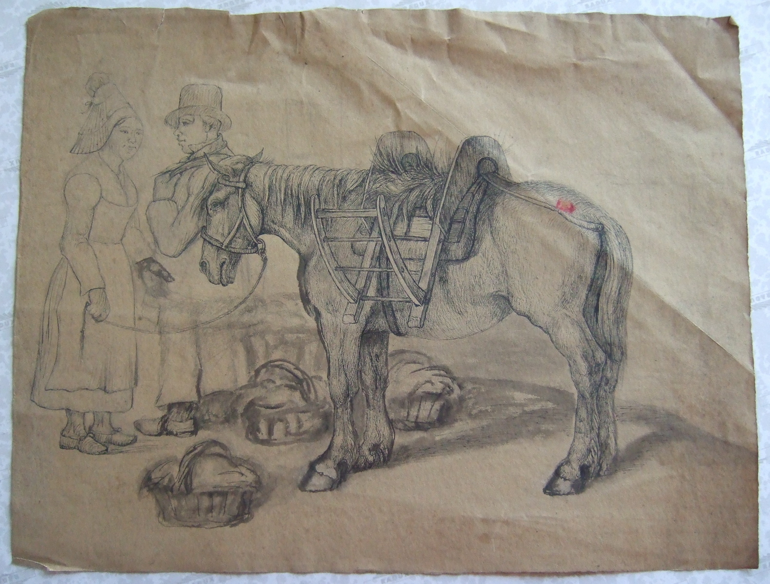 Cheval auprès d'un couple de fermiers. (titre factice), Brivet, 19e siècle