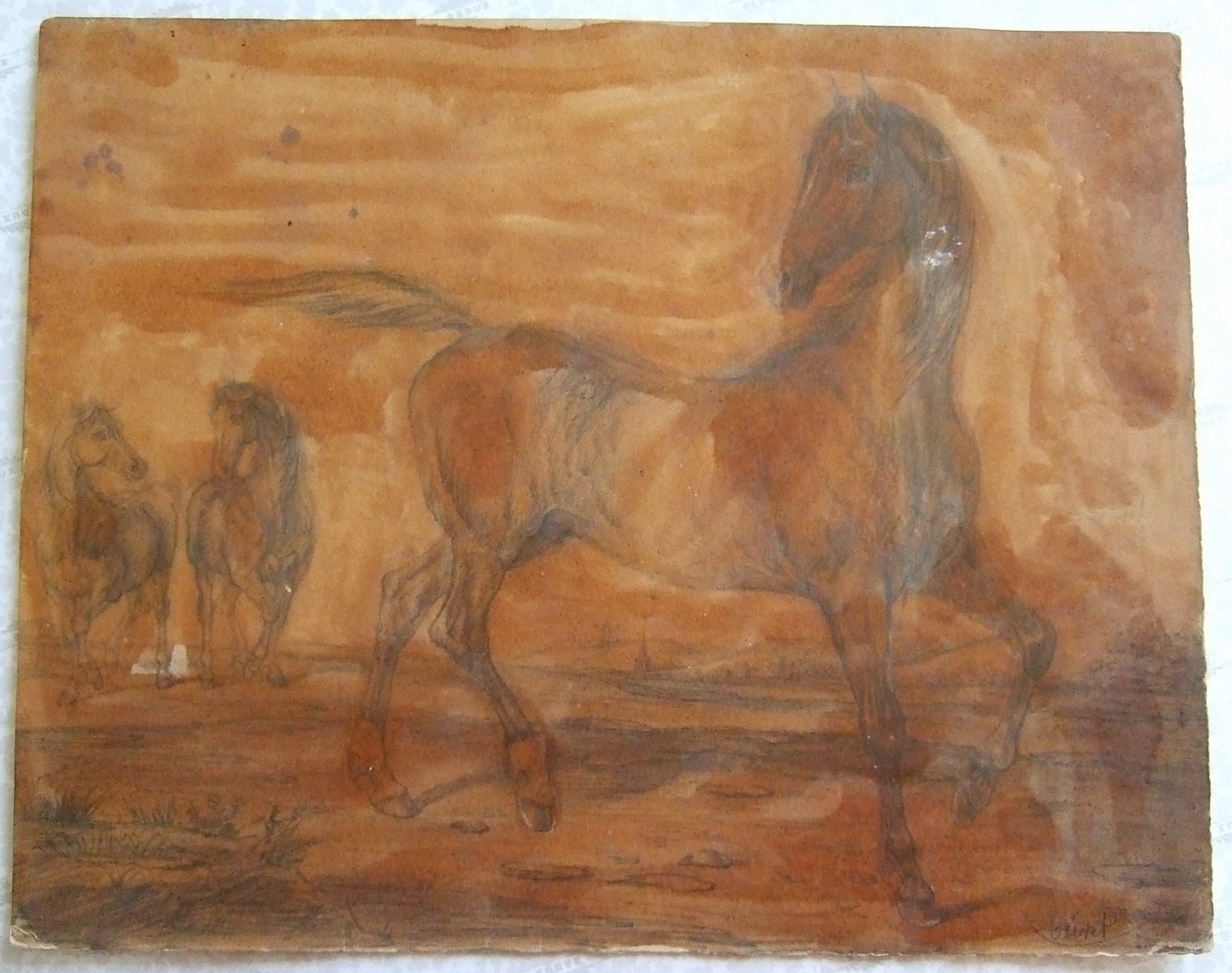 Cheval au premier plan et deux au second plan. (titre factice), Brivet, 19e siècle