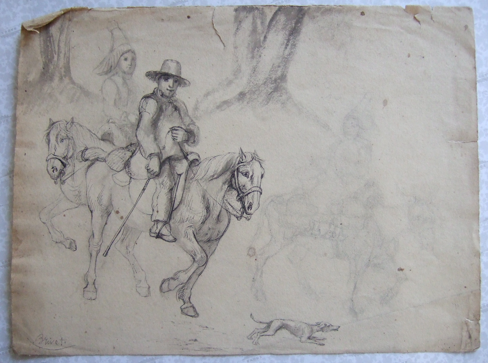 Personnages sur chevaux et chien devant. (titre factice), Brivet, 19e siècle