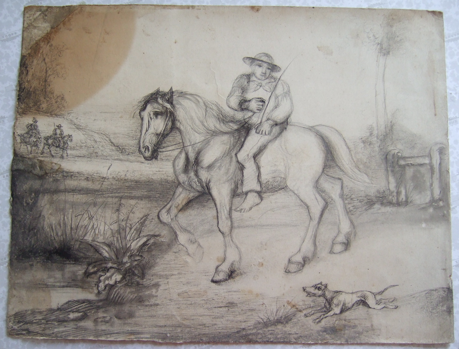 Cavalier montant à cru, deux cavaliers dans le lointain et un chien qui court au premier plan. (titre factice), Brivet, 19e siècle