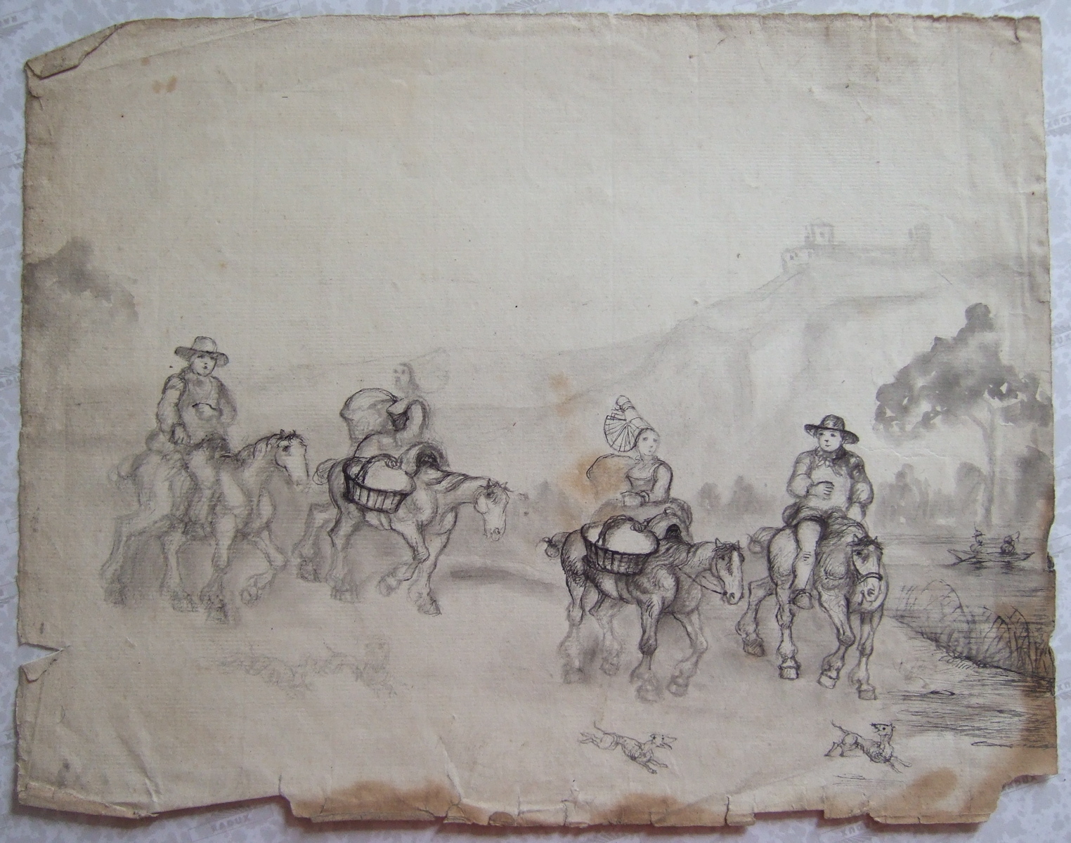 Quatre cavaliers, deux chiens courant au premier plan et une barque à droite. (titre factice), Brivet, 19e siècle