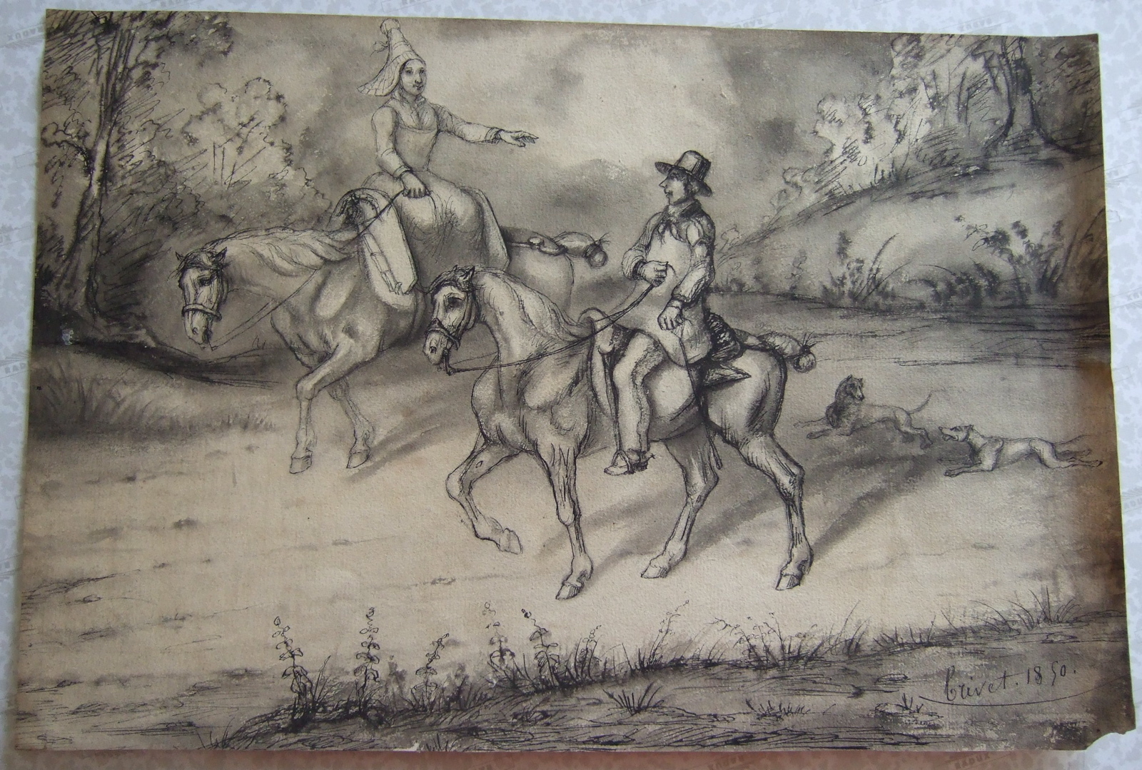 Deux cavaliers et deux chiens courant. (titre factice), Brivet, 1850