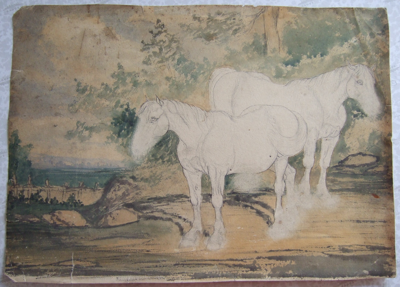 Deux chevaux, petit paysage dans le lointain. (titre factice), Brivet, 19e siècle