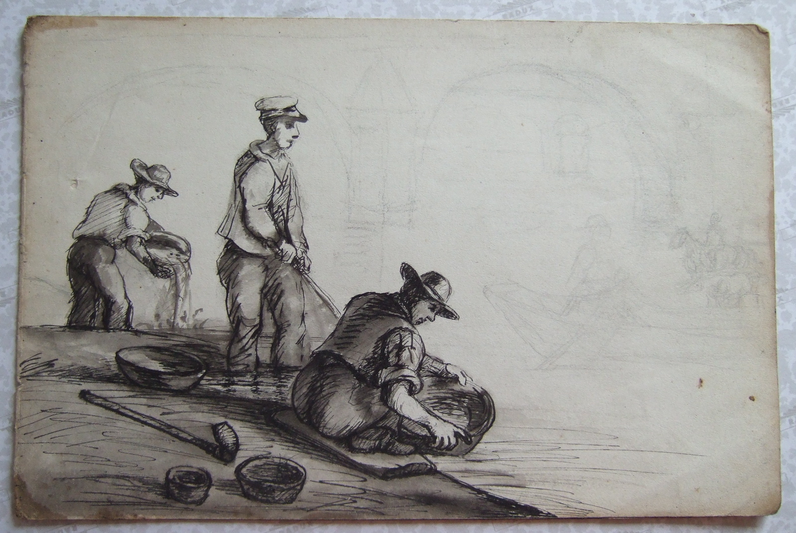 Trois hommes au bord de l'eau tenant une bassine. (titre factice), Brivet, 19e siècle