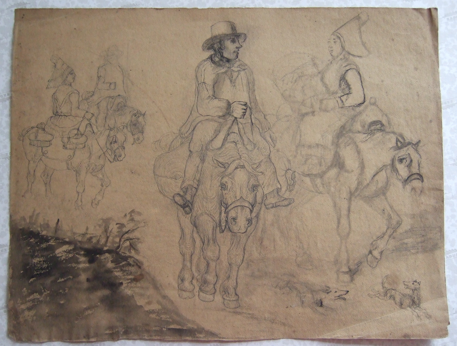 Deux fermiers à cheval au premier plan, deux autres au second plan et deux chiens courant. (titre factice), Brivet, 19e siècle