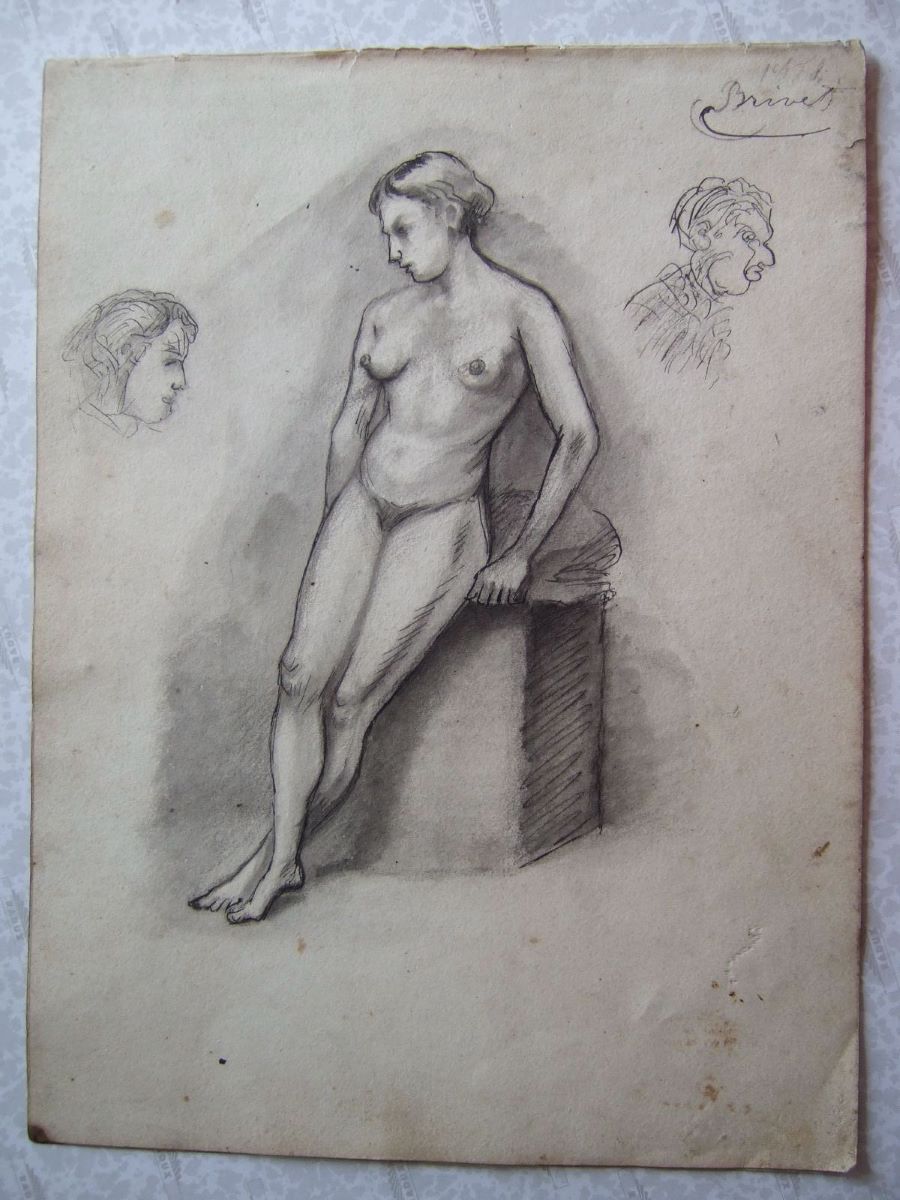 Femme debout appuyée sur un bloc de pierre. Deux visages de profil. (titre factice), Brivet, 19e siècle