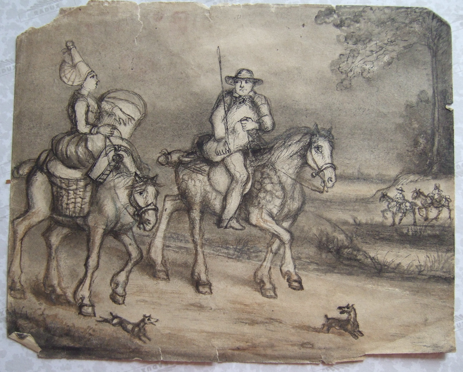 Deux cavaliers, deux chiens et deux cavaliers au loin. (titre factice), Brivet, 19e siècle