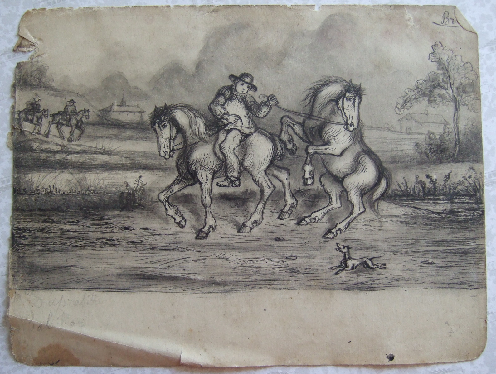 Cavalier tenant par la bride un autre cheval qui se cabre. Chien courant. (titre factice), Brivet, 19e siècle