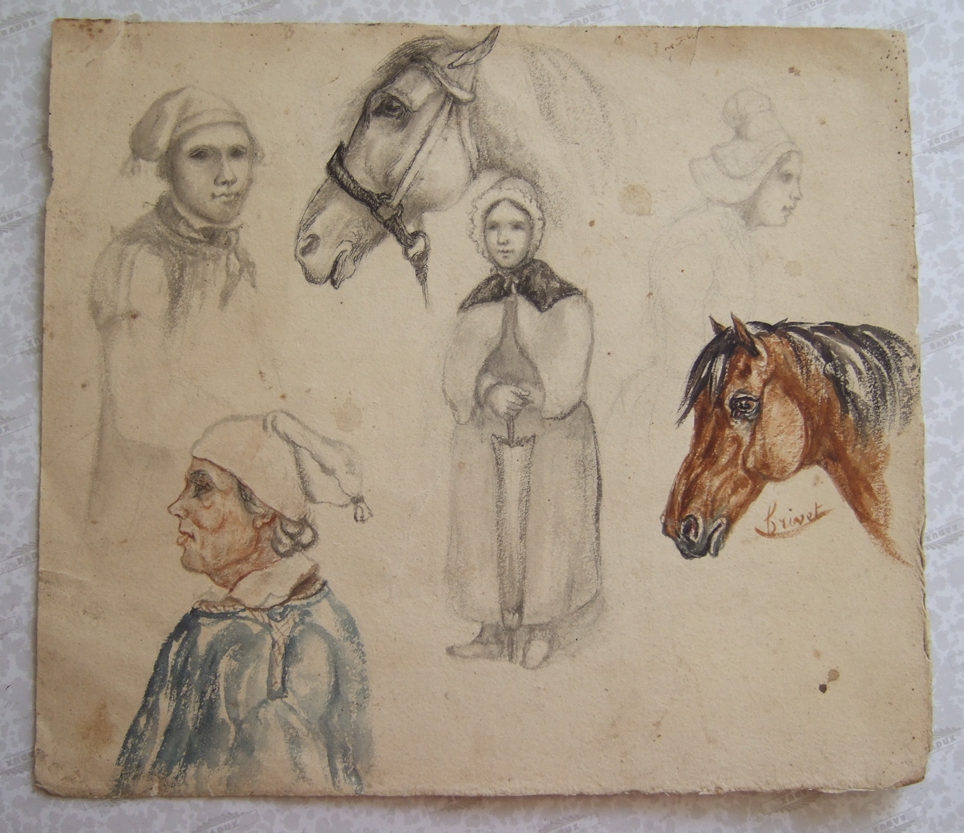 Quatre personnages et deux têtes de chevaux. (titre factice), Brivet, 19e siècle
