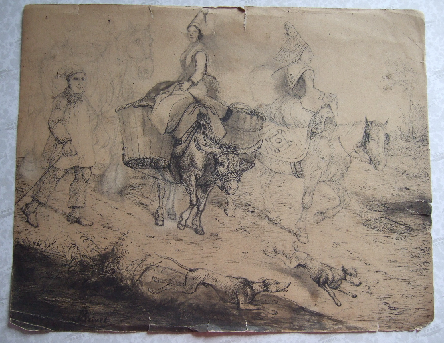 Deux femmes montent un cheval et un âne. Deux chiens courant. (titre factice), Brivet, 19e siècle